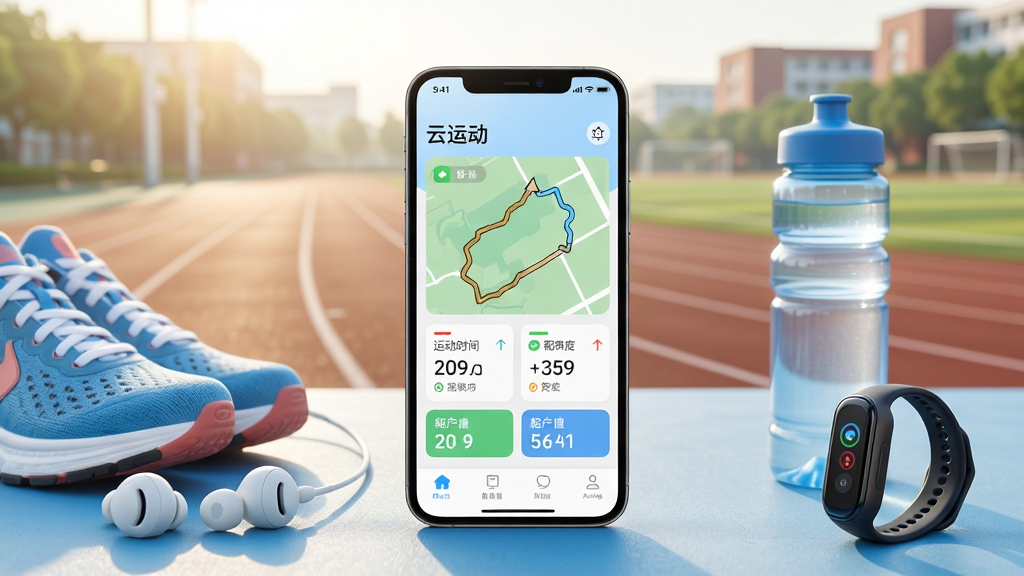 画面中央放置一部智能手机,手机屏幕上显示“云运动”APP主界面,界面包含跑步轨迹地图、运动时长、配速数据等元素,手机周围环绕运动鞋、耳机、水杯、运动手环等物品,背景为清晨校园操场跑道,整体布局居中对称,风格清新明亮,细节丰富,画质高清,干净无多余元素