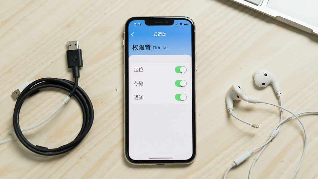 手机屏幕显示“云运动”APP权限设置界面,屏幕上列出定位、存储、通知三项权限开关,手机旁放置数据线与耳机,背景为浅色桌面,布局居中,风格简洁明了,细节清晰,画质高清,干净无多余元素