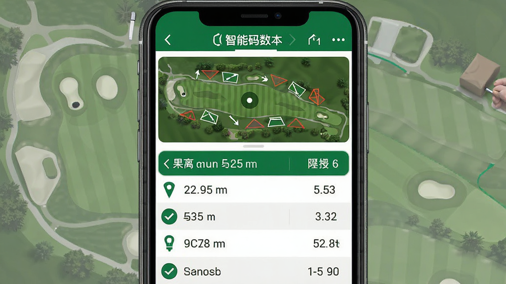 泛美高尔夫 智能码数本功能界面,手机屏幕显示高尔夫球道俯视图,标注果岭中心距离与障碍区位置,画面采用绿色与白色为主色调,布局为上下结构,上方为球场缩略图,下方为距离数据列表,风格简洁专业,细节包含精准数字与图标指示,画质清晰,干净无多余元素