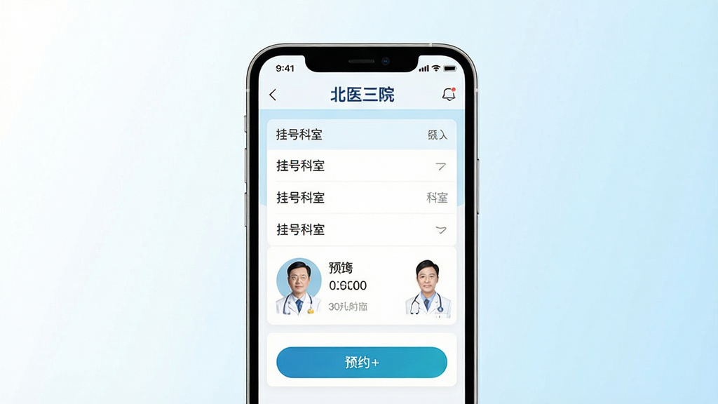 һ��չʾ��ҽ��Ժ�ֻ�Ӧ�ý���ĳ���ͼ��������һ�����������ֻ�����Ļ����ʾҽԺԤԼ�Һ�ҳ�棬�Ϸ��С���ҽ��Ժ�����ֱ�ʶ������Ϊ�ɾ��İ�ɫ��ǳ��ɫ���䣬���־��У�������ִ�ҽ�Ʒ磬ϸ�ڰ����Һſ����б���ҽ��ͷ��ԤԼ��ť��Ԫ�أ������������ɾ����޶���Ԫ��