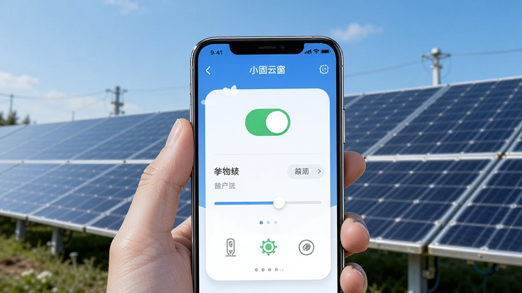 画面中一只手持智能手机,屏幕上显示“小固云窗”APP的设备远程控制界面,界面中有开关按钮、参数设置滑块、设备连接状态图标;手机背景为蓝天下的太阳能光伏板阵列;布局采用手持特写视角,手机屏幕为视觉焦点;排版简洁直观;风格为户外实景与UI界面合成风格,阳光明媚;细节上突出远程控制的便捷性与科技感;画质高清,干净清晰。