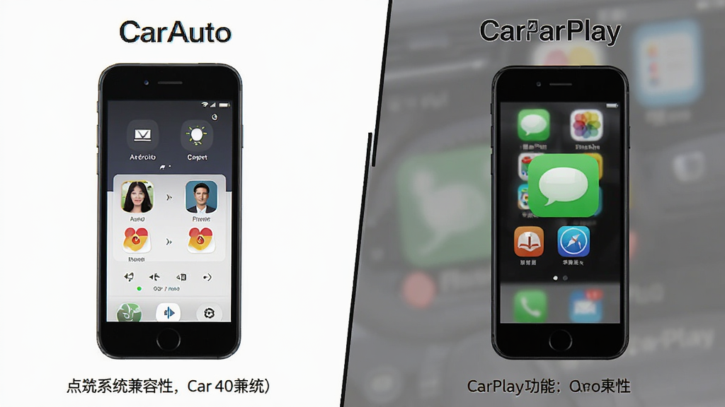 CarAuto与CarPlay功能对比示意图,画面左侧展示CarAuto的安卓手机互联界面,右侧展示CarPlay的苹果手机互联界面,中间用对比分隔线隔开,整体布局为左右对称构图,风格为简洁信息图表风,细节包括两侧不同的UI配色、图标风格差异、底部标注系统兼容性文字,画质清晰,干净,无多余元素