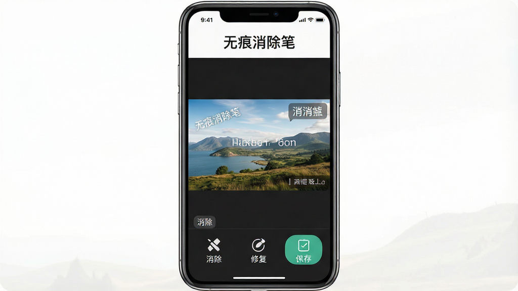 一张展示无痕消除笔软件界面的手机截图,画面中央是软件主界面,上方显示无痕消除笔文字标识,中间为照片编辑区域展示一张带有水印的风景图,下方排列消除、修复、保存等功能按钮,整体布局清晰,风格简洁现代,细节包含功能图标与操作提示,画质清晰,干净,无多余元素