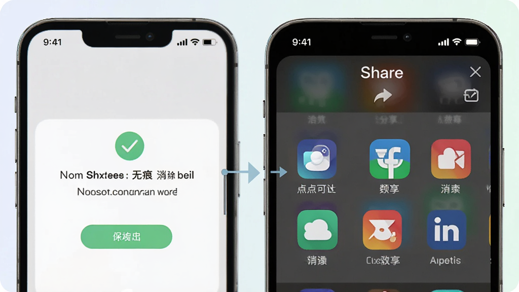 一张展示无痕消除笔保存与分享功能的示意图,画面中手机屏幕显示保存成功提示与分享面板,面板中包含多个社交应用图标,背景为浅色渐变,风格清新,细节展示操作流程,画质清晰,干净,无多余元素