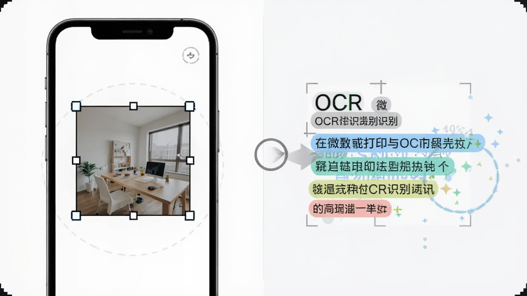 微打图片打印与OCR识别功能,画面中手机屏幕显示一张图片正在被裁剪调整,旁边有OCR识别文字提取的动画效果,布局为左右分栏,风格为现代简约科技风,细节包括裁剪框、旋转箭头和文字识别高亮标记,画质清晰,干净,无多余元素