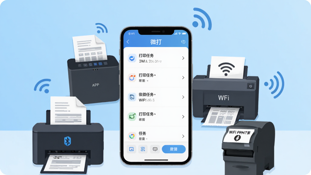 微打软件主界面展示,画面中央是一部智能手机,屏幕上显示微打APP的打印任务列表和连接状态,手机周围环绕着蓝牙打印机、WiFi打印机和标签打印机,背景为干净的浅蓝色渐变,布局采用居中构图,风格为现代科技感扁平插画,细节包括打印纸张飘出和无线信号波纹图标,画质高清,干净,无多余元素