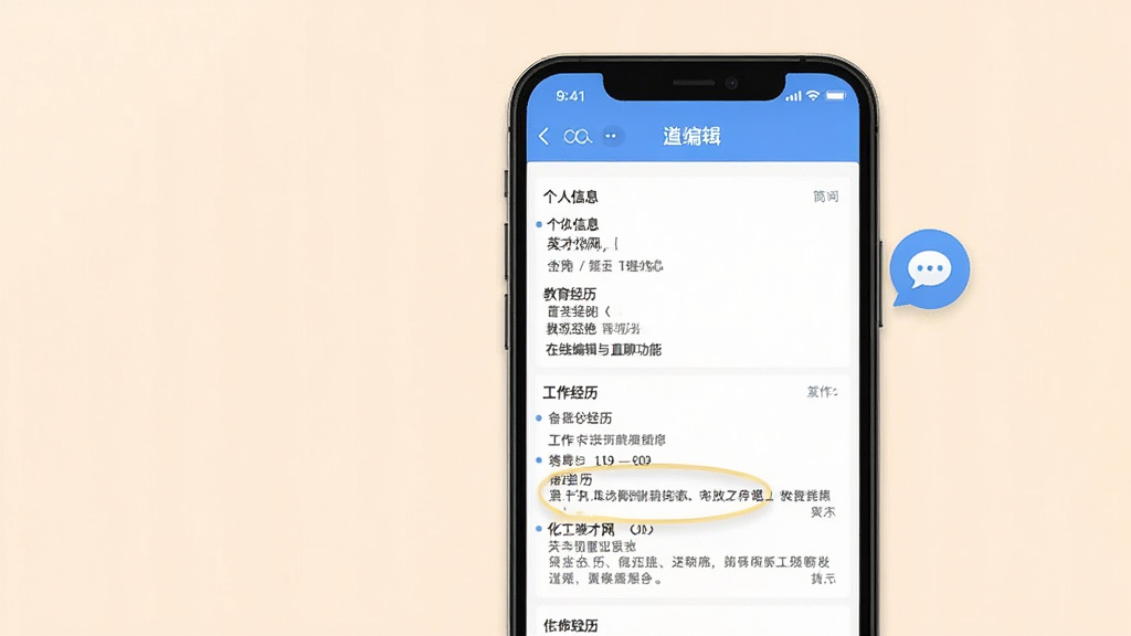 化工英才网简历在线编辑与直聊功能展示,手机屏幕显示简历编辑页面,包含个人信息、教育经历、工作经历等模块,旁边有聊天气泡图标,背景为柔和浅色,风格现代简约,排版整齐,画质干净无多余元素