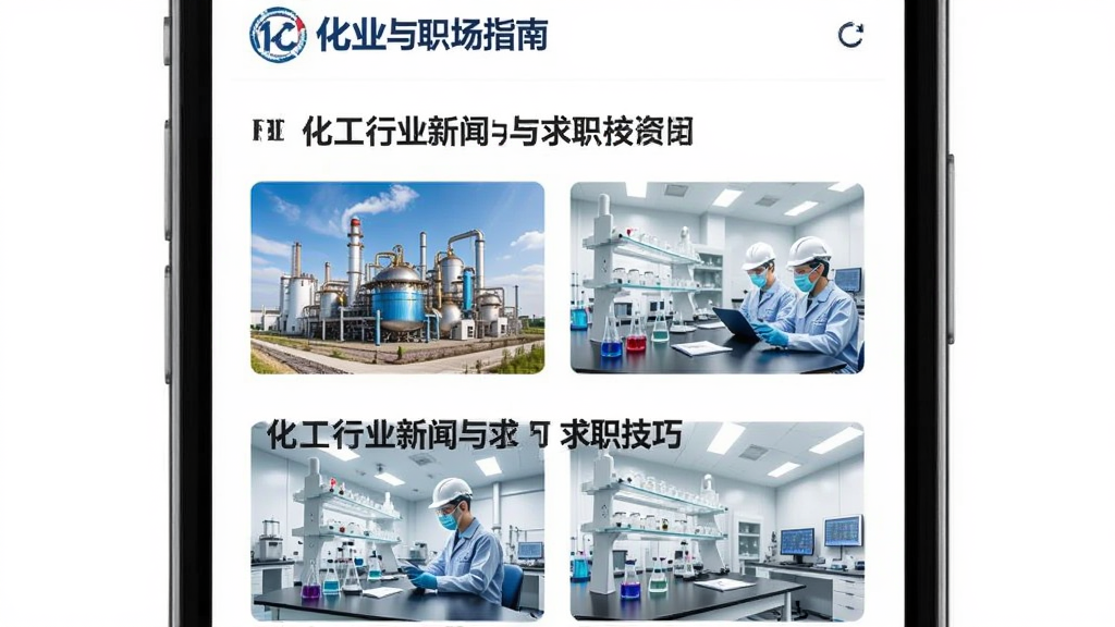 化工英才网行业资讯与职场指南页面,手机屏幕显示资讯列表,标题包括化工行业新闻与求职技巧,配图有工厂、实验室等元素,背景为白色,风格专业简洁,排版清晰,画质干净无多余元素