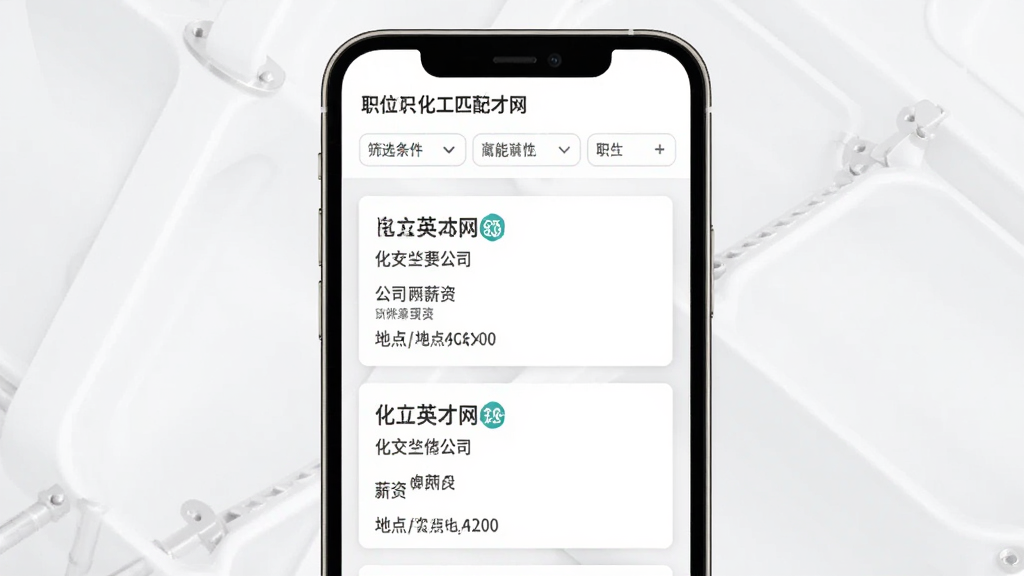 化工英才网职位智能匹配功能界面,手机屏幕展示多个化工岗位卡片,每张卡片标注职位名称、公司、薪资与地点,屏幕上方有筛选条件栏,背景为白色与浅灰色搭配,风格清新简洁,画质干净,无多余装饰元素