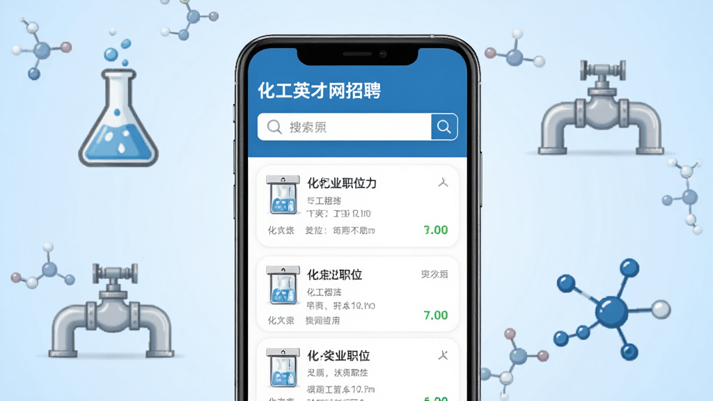 化工英才网招聘求职应用主界面展示,画面中央为手机屏幕,屏幕内呈现化工行业职位列表与搜索栏,背景为干净的浅蓝色渐变,周围点缀化工元素图标如烧瓶、管道、分子结构,整体风格简洁商务,排版清晰,画质干净无多余元素