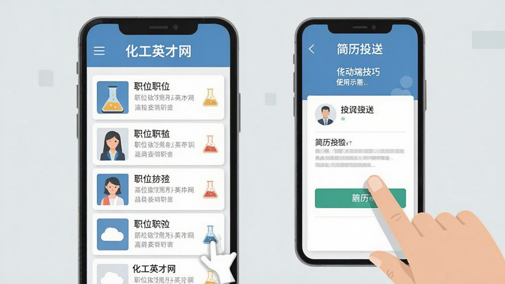 化工英才网移动端使用技巧示意图,画面展示手机屏幕与手指点击操作,屏幕内为职位列表与简历投递界面,背景为浅灰色,风格扁平化,排版简洁,画质干净无多余元素