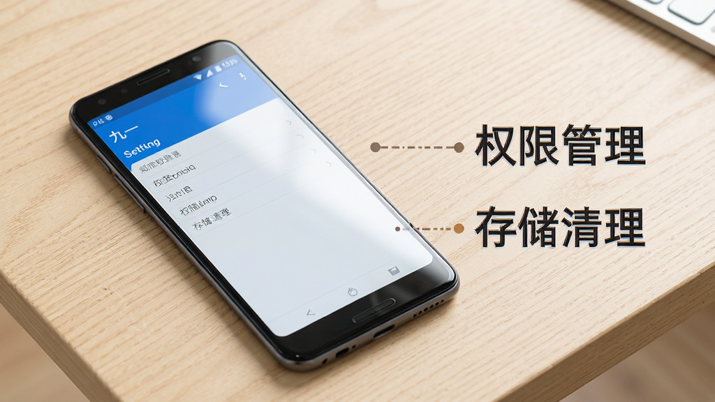 一部安卓手机放在桌面上,屏幕显示“九一”应用设置页面,旁边有文字标注“权限管理”和“存储清理”,背景是浅色木纹桌面,风格为写实产品图,细节包括手机边框和屏幕反光,画质高清,干净无多余元素