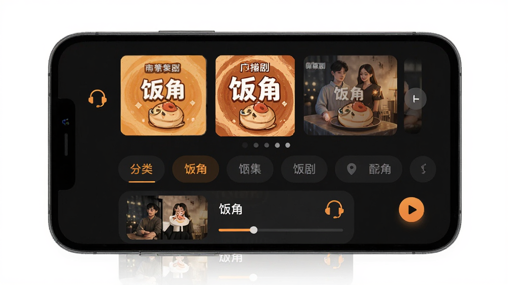 手机屏幕中央展示“饭角”应用界面,上方是广播剧封面轮播图,中间是分类标签栏,下方是剧集列表,整体采用深色主题搭配暖橙色点缀,风格现代简洁,细节包括耳机图标、播放按钮、进度条,画质清晰,干净,无多余元素