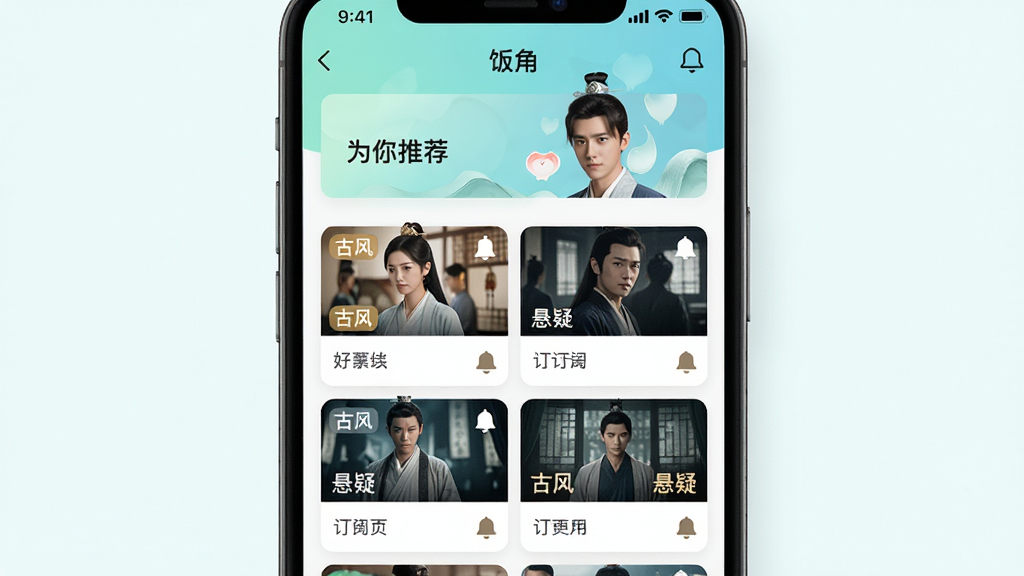 手机界面展示“饭角”个性化推荐页面,顶部是“为你推荐”横幅,下方是瀑布流式的剧集卡片,每张卡片上有标签如“古风”“悬疑”,旁边有一个铃铛图标表示订阅,风格清新明快,画质细腻,干净,无多余元素