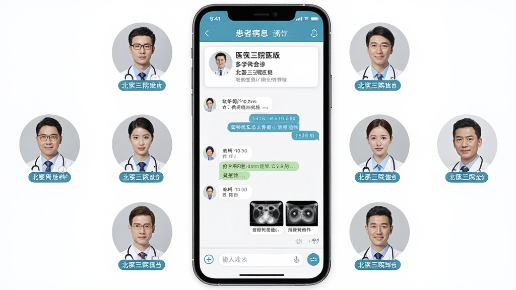北医三院医生版 多学科会诊界面 多位医生头像环绕患者病历卡片 主体为手机屏幕展示会诊群组 布局为顶部患者信息 中部对话流 底部输入栏 风格为简约商务医疗风 细节包括医生科室标签 影像附件缩略图 时间戳 画质清晰 干净 无多余元素