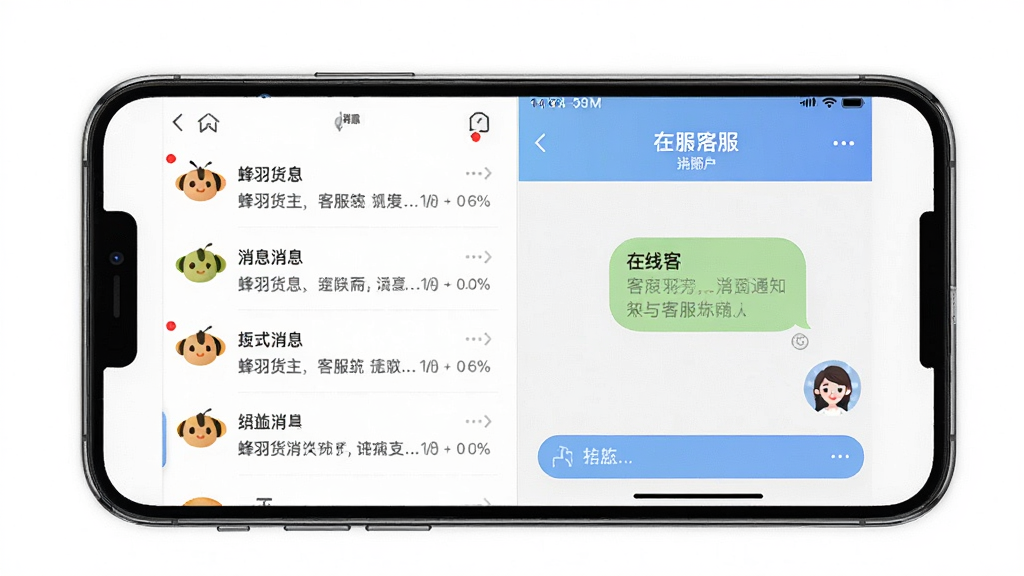 蜂羽货主消息通知与客服支持界面,手机屏幕显示消息列表和在线客服对话框,主体为手机正面,布局为左右分栏左侧消息右侧聊天,风格友好亲和,细节有通知红点和客服头像,画质高清,干净,无多余元素