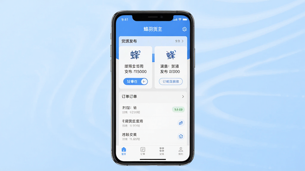 蜂羽货主应用主界面展示,手机屏幕中显示货源发布页面和订单列表,整体布局清晰,主体为一台智能手机正面展示APP界面,背景为浅蓝色渐变,风格简洁商务,细节包括顶部状态栏、中部功能卡片、底部导航栏,画质高清,干净,无多余元素