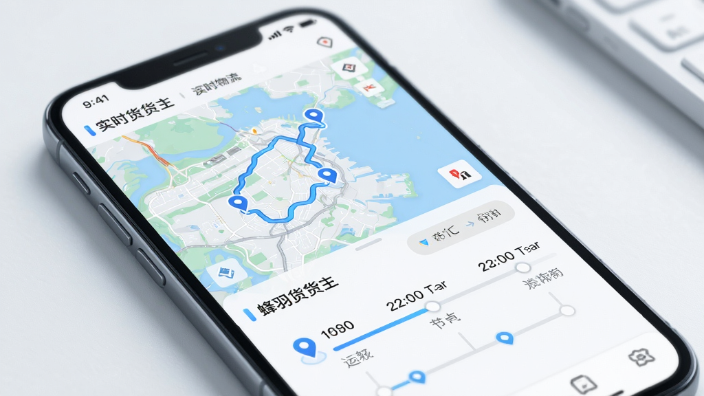 蜂羽货主实时物流跟踪界面,手机屏幕展示地图轨迹和运输节点时间轴,主体为手机特写,布局为纵向排列地图在上节点在下,风格科技感浅色系,细节有定位图标和进度条,画质高清,干净,无多余元素