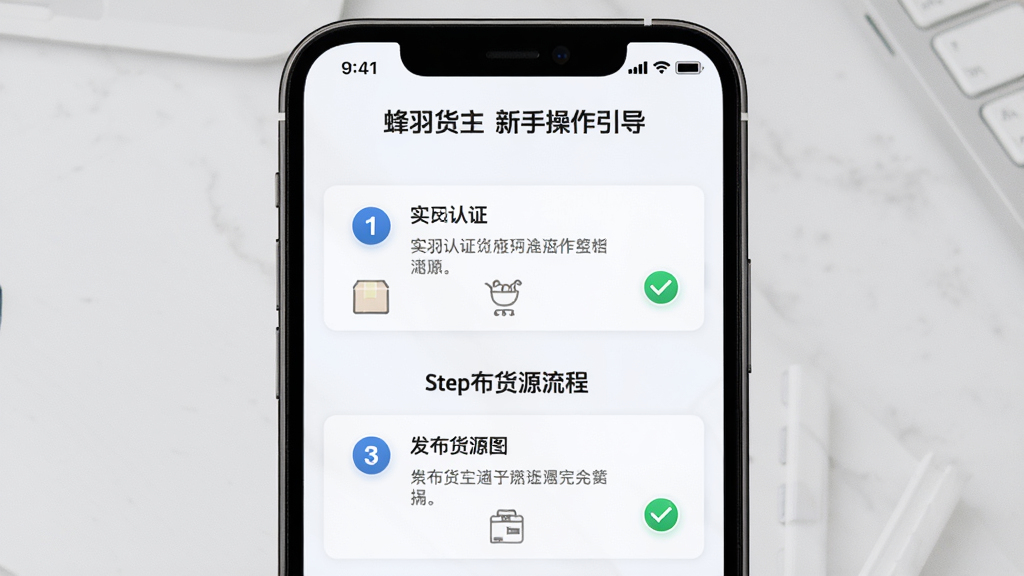 蜂羽货主新手操作引导页面,手机屏幕展示实名认证步骤和发布货源流程图,主体为手机正面特写,布局为上下分步展示,风格清晰教学,细节有步骤编号和勾选标记,画质高清,干净,无多余元素