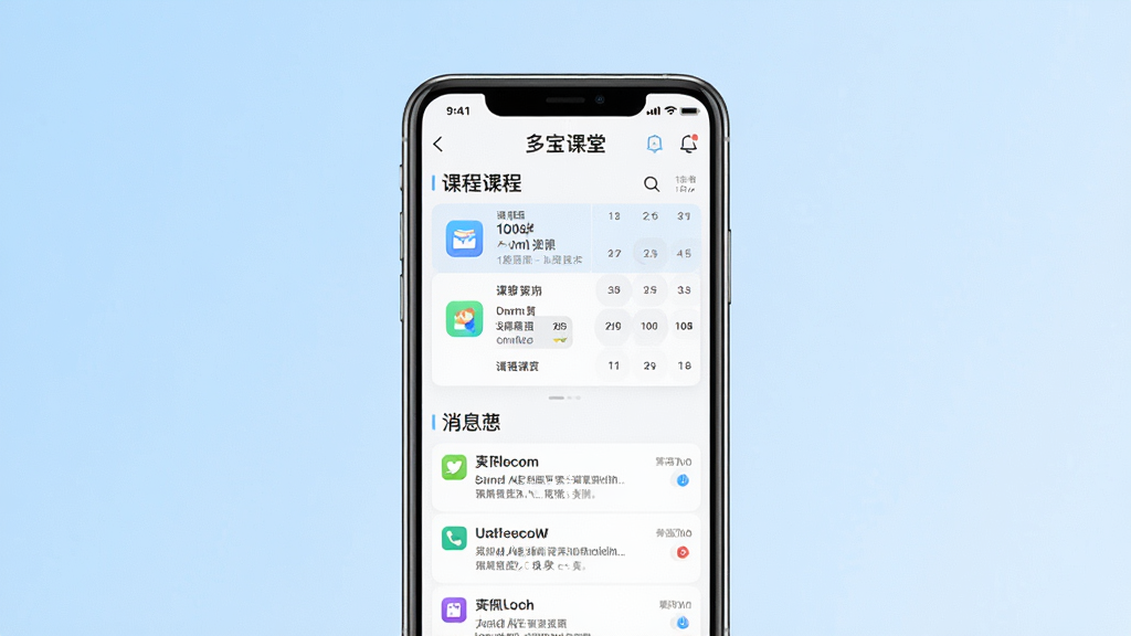 一张手机屏幕展示多宝课堂应用主界面的场景图,画面中央是手机正视图,屏幕内显示课程表与消息通知列表,整体布局简洁清晰,背景为浅蓝色渐变,风格现代简约,细节包含图标与文字排版整齐,画质清晰干净,无多余元素