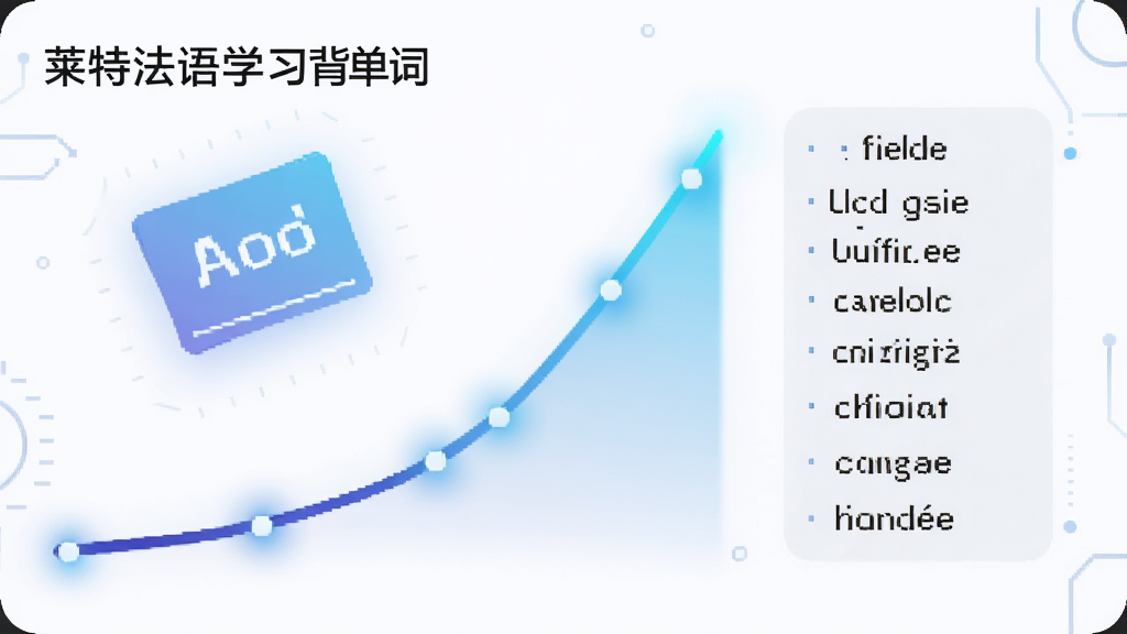 一张展示记忆曲线图表的图片,主体为上升的学习曲线和单词卡片图标,布局采用横向构图,排版左侧为曲线右侧为法语单词列表,风格为科技感数据可视化,细节包含蓝色渐变曲线和发光节点,画质高清干净无多余元素,图片中文字显示为“莱特法语学习背单词”