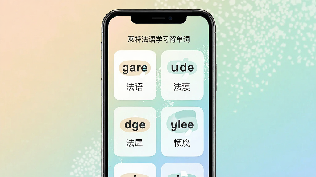 一张手机屏幕展示法语单词学习界面的图片,主体为手机正视图居中放置,布局采用竖版构图,排版上屏幕内显示法语单词和中文释义卡片,风格为清新简约的扁平化设计,细节包含柔和渐变背景色和圆角卡片元素,画质高清干净无多余元素,图片中文字显示为“莱特法语学习背单词”