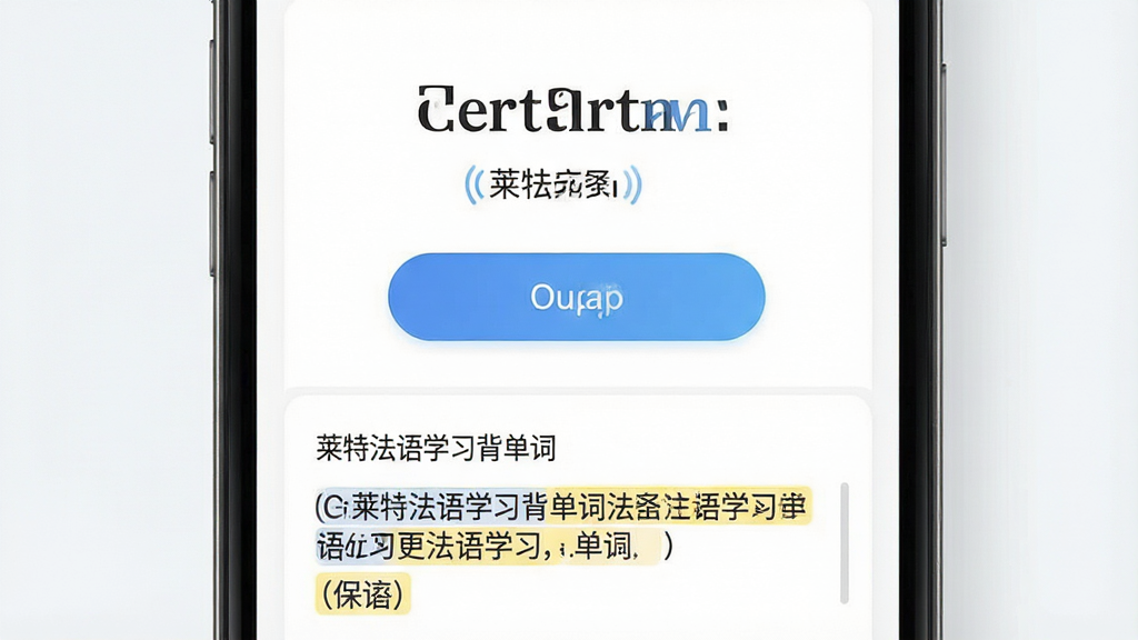 一张展示法语学习应用界面的图片,主体为手机屏幕显示单词发音按钮和例句区域,布局采用竖版居中构图,排版上方为法语单词下方为中文例句,风格为现代教育类APP界面设计,细节包含发音波纹图标和例句高亮标注,画质高清干净无多余元素,图片中文字显示为“莱特法语学习背单词”