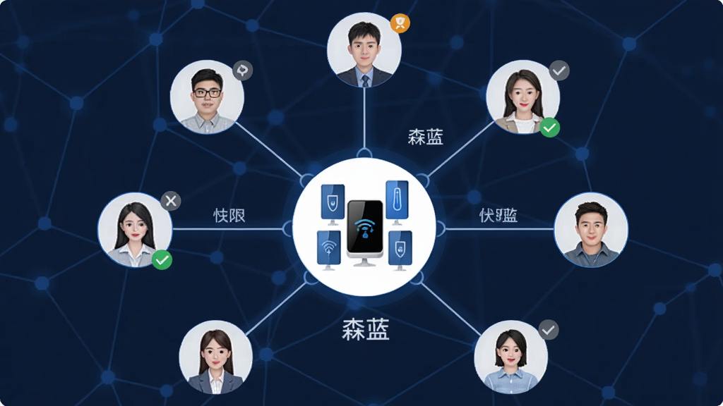 一幅展示森蓝应用设备分享功能的示意图,画面主体是多个用户头像通过线条连接到中央的智能设备群组,布局为星形网络结构,风格为现代简约商务风,细节包括用户头像、设备图标、权限标识和“森蓝”文字,画质清晰,干净,无多余元素
