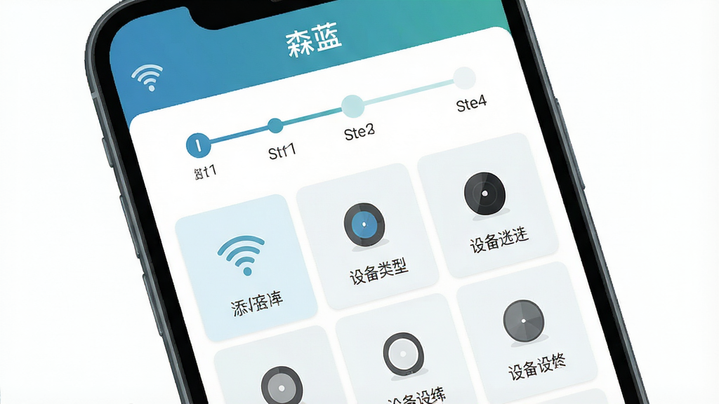 一幅展示森蓝应用新手操作界面的示意图,画面主体是手机屏幕显示添加设备引导页,布局为上下结构,上方为步骤指示条,下方为设备类型选择网格,风格为清新浅色扁平风,细节包括“森蓝”应用标题、WiFi图标、设备图标和提示文字,画质清晰,干净,无多余元素