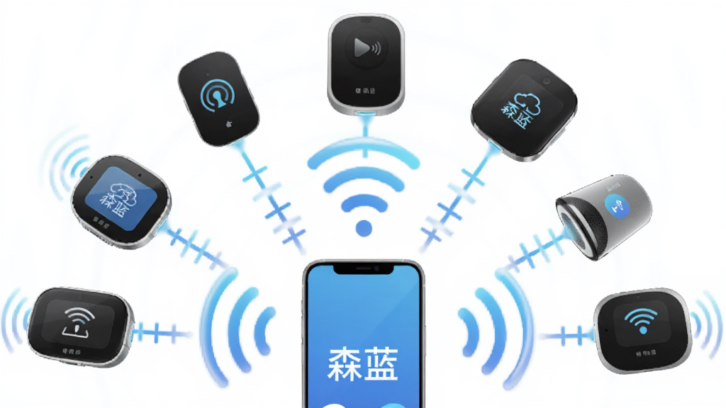 一幅展示森蓝应用智能设备连接功能的AI生图,画面主体是一部手机与多个智能设备通过无线信号线条相连,布局为放射状,手机位于下方中央,智能设备呈扇形分布在上方,风格为科技蓝渐变,细节包括信号波纹、设备图标和“森蓝”文字标识,画质高清,干净,无多余元素