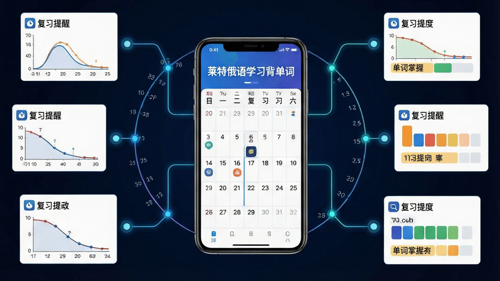 一张表现AI记忆算法调度的信息图,画面主体是一部手机屏幕显示“莱特俄语学习背单词”复习计划日历,周围用线条连接不同时间节点的单词卡片,布局为中央手机加环绕式时间轴,风格为科技感教育信息图,细节包含遗忘曲线示意、复习提醒图标、单词掌握度色块,画质清晰干净,无多余元素