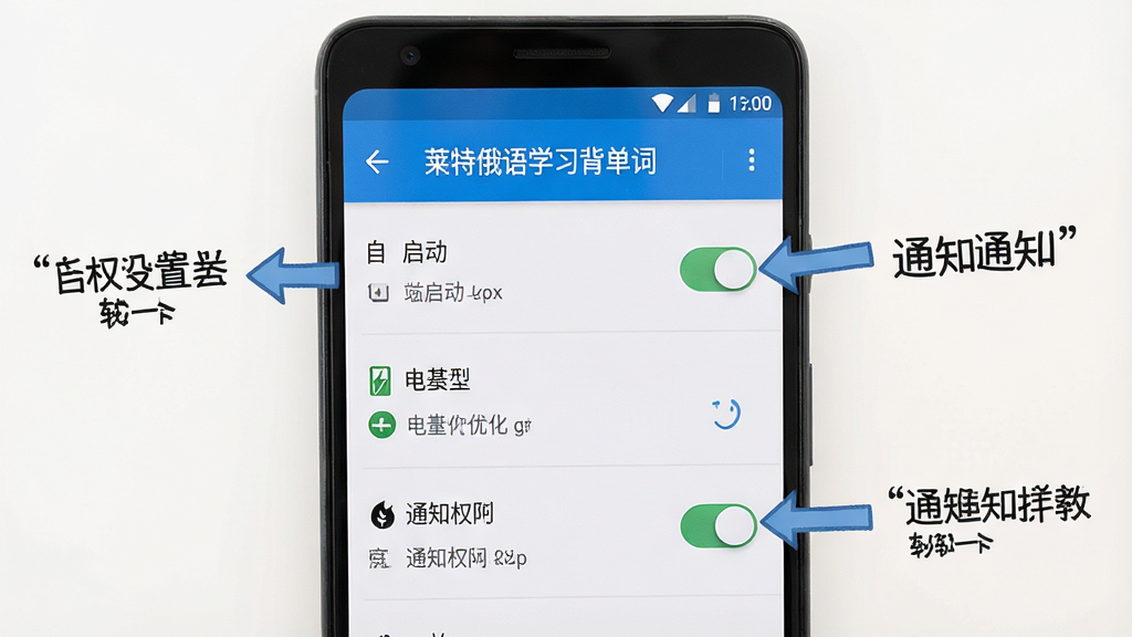 一张展示手机权限设置与后台管理的操作示意图,画面主体是一部安卓手机显示“莱特俄语学习背单词”权限管理页面,布局为手机屏幕特写加侧边标注箭头,风格为教程图解风格,细节包含自启动开关、电池优化选项、通知权限开关,画质清晰干净,无多余元素