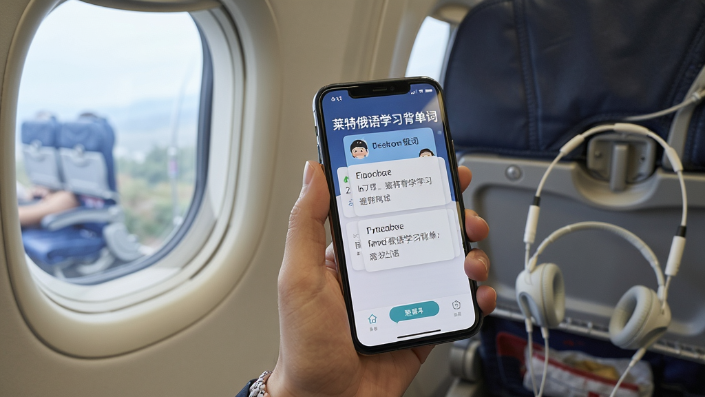一张表现离线学习场景的图片,画面主体是一部手机在飞机客舱或地铁车厢中显示“莱特俄语学习背单词”离线学习界面,布局为人物手持手机的中景构图,风格为生活化学习场景,细节包含手机屏幕单词卡片、耳机、窗外模糊景色,画质清晰干净,无多余元素