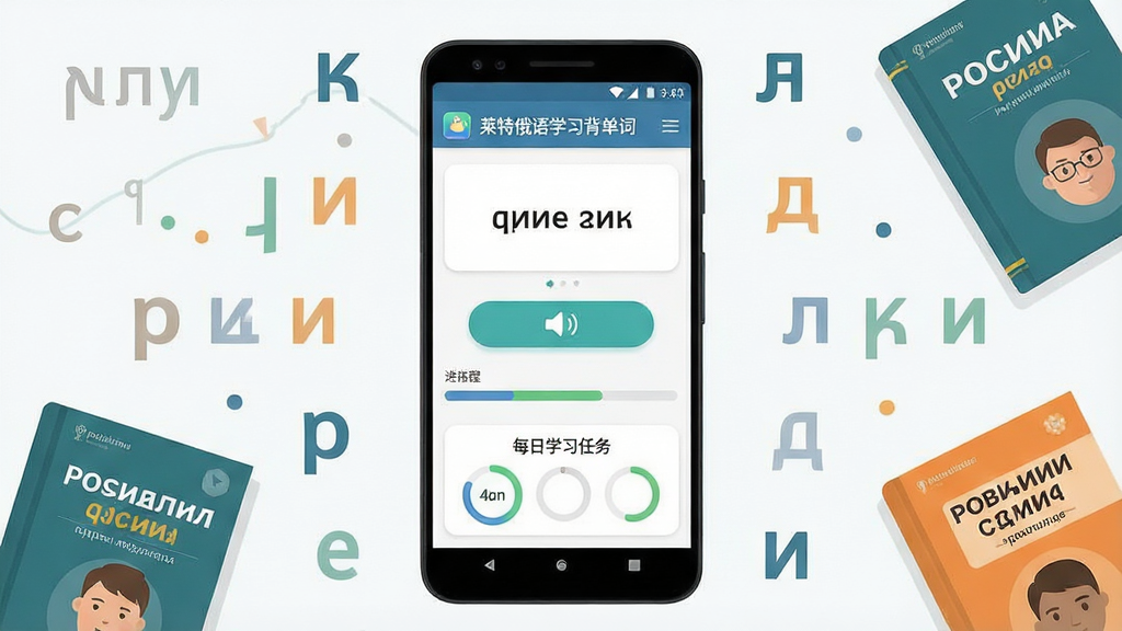 一张展示俄语学习场景的手机应用界面图,画面中央是一部竖屏安卓手机,屏幕内显示“莱特俄语学习背单词”应用主界面,界面中有俄语单词卡片、发音按钮、进度条与每日学习任务模块,手机周围环绕俄语字母、西里尔字母装饰元素与几本俄语教材,整体布局居中对称,风格为清新扁平化教育类App视觉,细节上体现单词卡片圆角、按钮高亮、进度环清晰,画质清晰干净,无多余元素