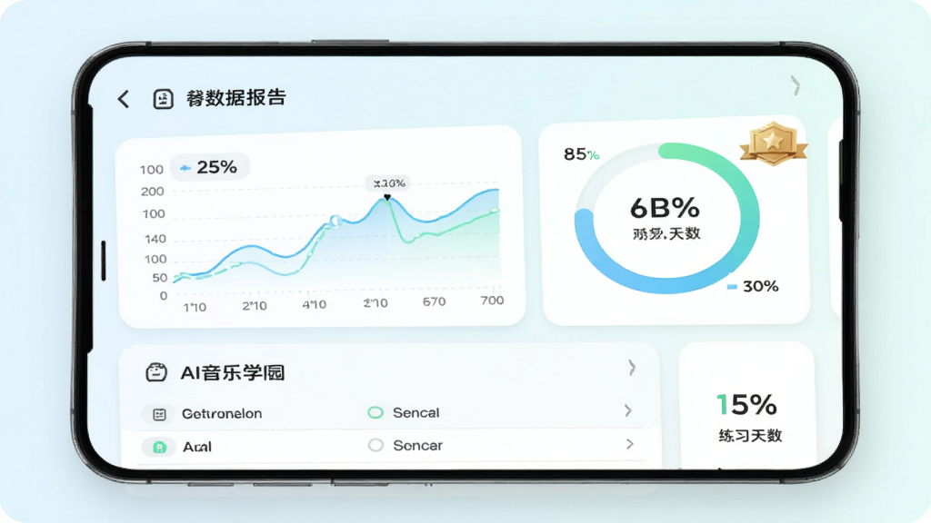 AI音乐学园学习数据报告界面,主体为手机屏幕显示折线图和环形进度条,布局为上方总结下方详细列表,排版卡片式,风格为清新浅色,细节包括准确率百分比和练习天数徽章,画质高清,干净,无多余元素