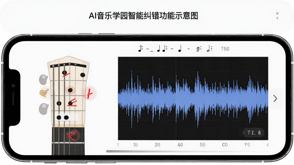 AI音乐学园智能纠错功能示意图,主体为手机屏幕显示吉他谱和红色错误标记,布局为左侧琴颈指法图右侧波形对比图,排版上下结构,风格为简洁UI风格,细节包括音符高亮和分数显示,画质高清,干净,无多余元素