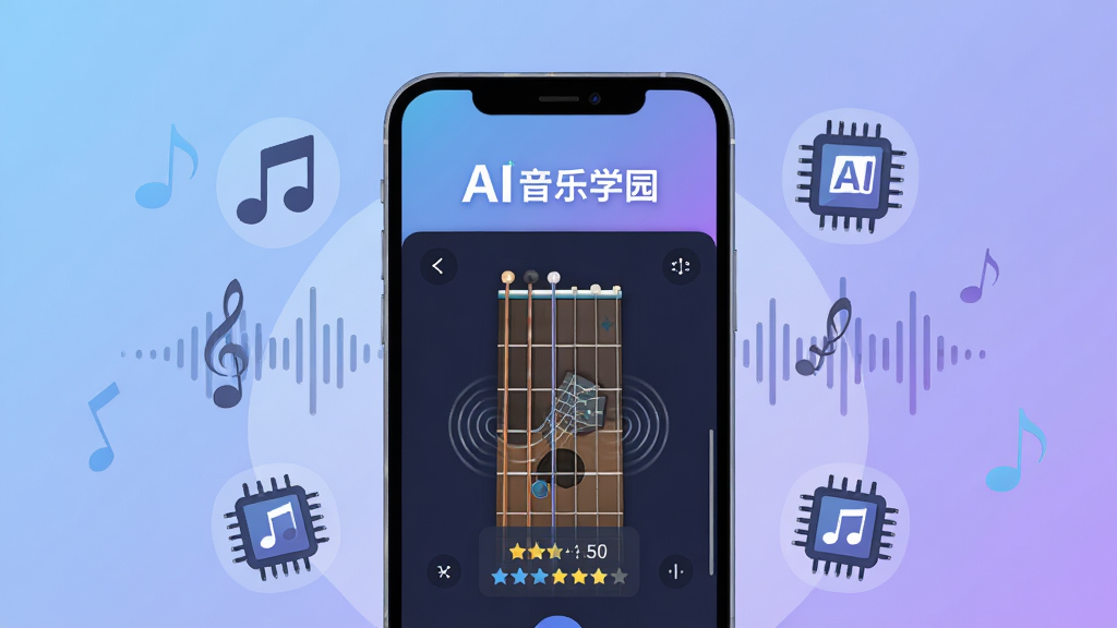一幅展示AI音乐学园软件界面的数字插画,画面中央是一部智能手机,屏幕显示着“AI音乐学园”的Logo和吉他指板识别界面,手机周围环绕着音符、声波和AI芯片图标,背景是柔和的蓝紫渐变,排版采用居中构图,风格为扁平化科技感,细节包括琴弦振动效果和实时评分数字,画质清晰干净,无多余元素