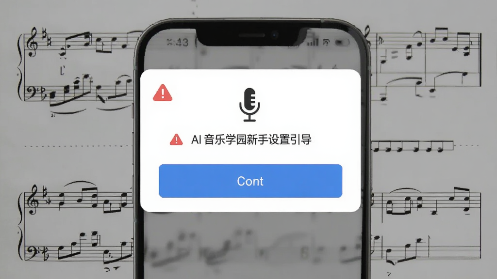AI音乐学园新手设置引导界面,主体为手机屏幕显示权限开启弹窗和麦克风图标,布局为居中弹窗叠加在曲谱背景上,排版简洁,风格为扁平化提示框,细节包括红色警示图标和蓝色确认按钮,画质清晰,干净,无多余元素