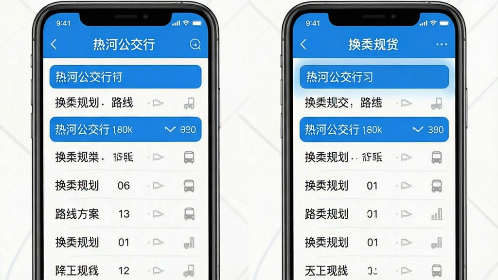 热河公交行 换乘规划 路线方案 列表 手机界面 清晰排版 蓝色高亮 干净无多余元素 高清画质