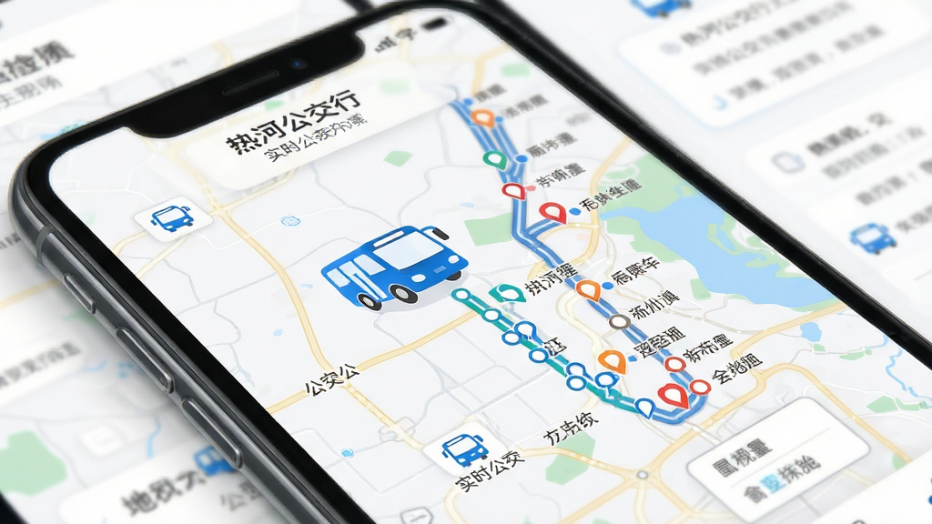 热河公交行 实时公交 地图界面 蓝色车辆图标 线路轨迹 站点标记 手机屏幕 现代简约风格 高清画质