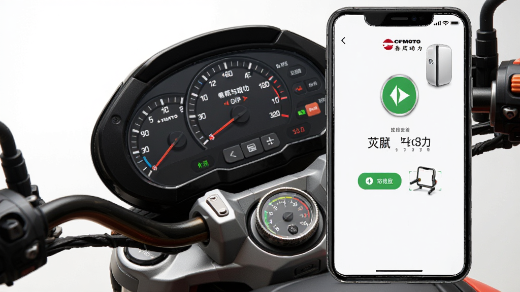 CFMOTO(春风动力)App在手机屏幕上显示车辆连接成功的界面,背景为摩托车仪表盘特写,画面明亮清晰,风格为产品展示图,细节包括手机与仪表盘质感真实,画质高清,干净,无多余元素。