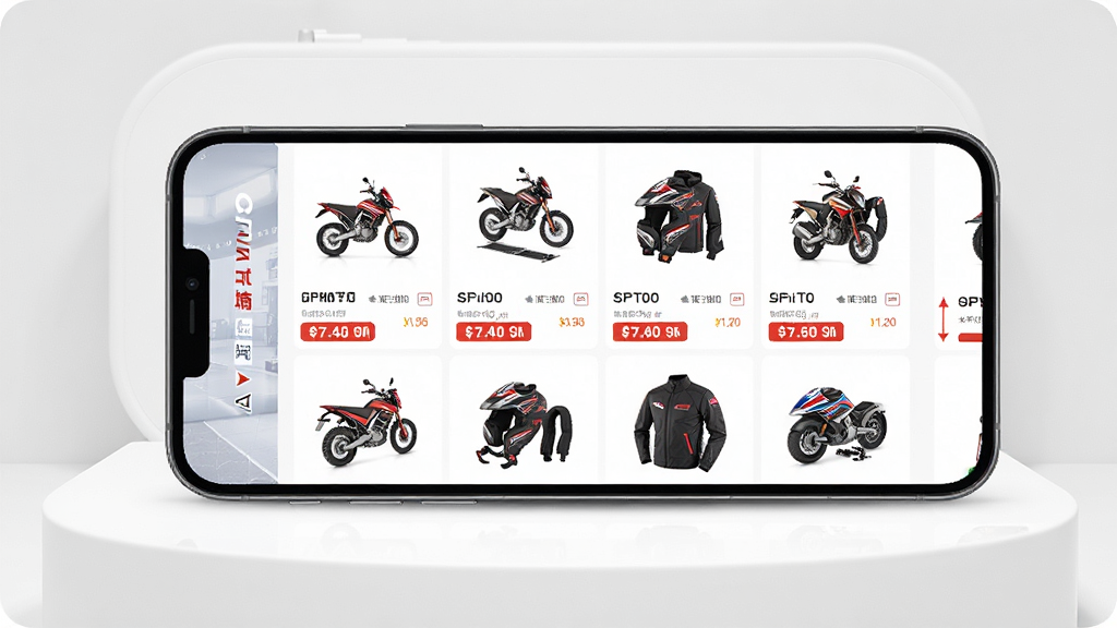 CFMOTO(春风动力)App商城页面展示摩托车配件和骑行装备,背景为干净的白色展台。主体为手机屏幕,布局为网格商品列表,风格为电商应用UI,细节包括商品图片清晰、价格标签醒目,画质高清,干净,无多余元素。