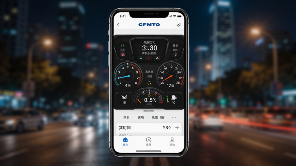 CFMOTO(春风动力)手机应用界面展示车辆实时数据仪表盘,背景为模糊的城市夜景,仪表盘上清晰显示转速表、速度表和油量指示。主体为手机屏幕,布局居中,风格为现代科技感UI设计,细节包括数字清晰、图标精致,画质高清,干净,无多余元素。