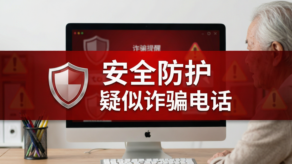画面主体为老人桌面安全防护警示界面,布局为全屏红色横幅居中,排版醒目;风格警示风格,细节上显示盾牌图标与“疑似诈骗电话”字样,背景为深红色渐变;画质高清,干净,无多余元素,画面中文字“安全防护”“诈骗提醒”清晰可见。