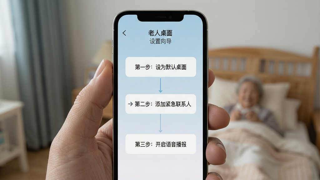 画面主体为手机屏幕显示老人桌面设置向导界面,布局为垂直步骤条,排版清晰;风格简洁引导式,细节上显示“第一步:设为默认桌面”“第二步:添加紧急联系人”“第三步:开启语音播报”等文字;画质高清,干净,无多余元素,画面中文字“老人桌面”“设置向导”清晰可见。