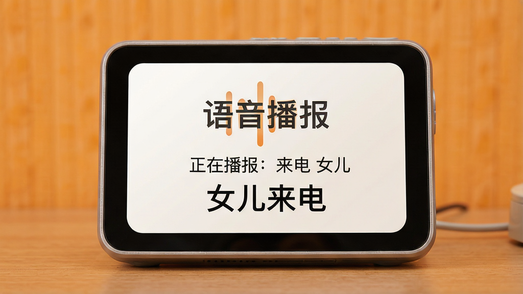 画面主体为老人桌面语音播报功能界面,布局为居中卡片式设计,排版简洁;风格拟物化,细节上显示声波图标与“正在播报:来电 女儿”字样,背景为暖橙色;画质高清,干净,无多余元素,画面中文字“语音播报”“女儿来电”清晰可见。