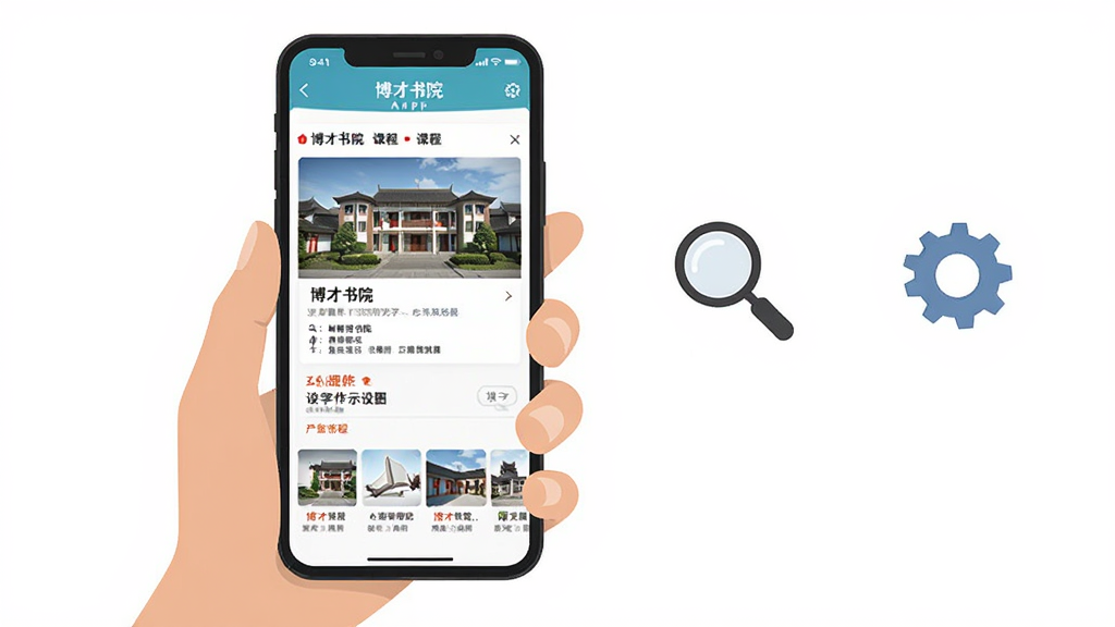 博才书院手机端操作示意图,画面为一只手拿着手机,屏幕显示博才书院App的课程页面,旁边有放大镜与齿轮图标代表搜索与设置,背景为纯白色,风格扁平化,布局简洁,细节清晰,画质干净,无多余元素