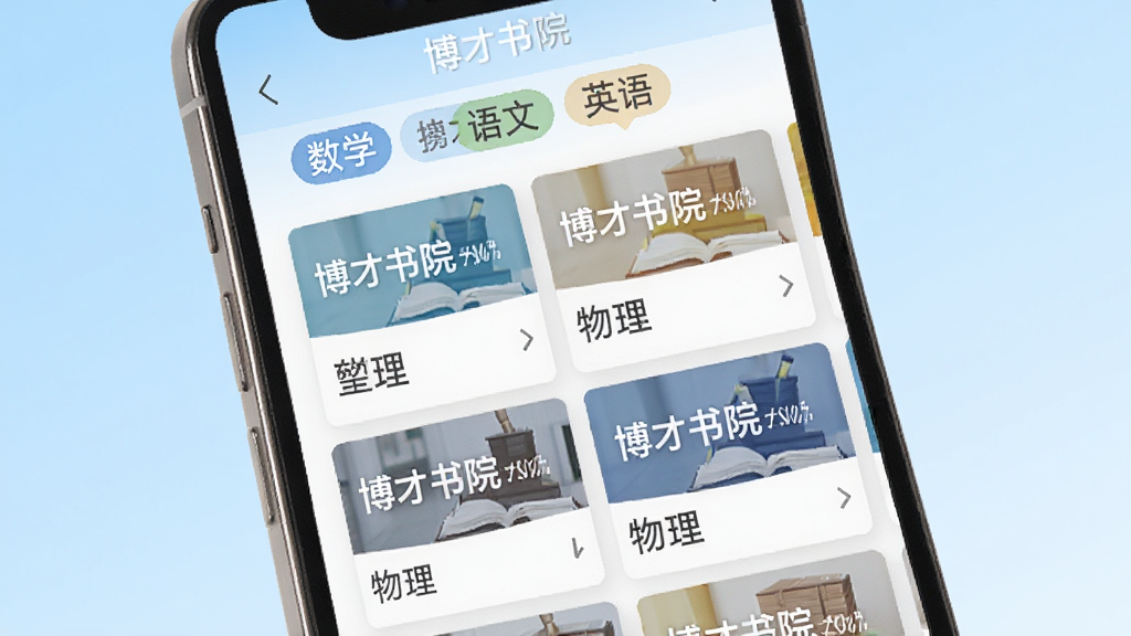 博才书院课程资源页面展示,画面为手机屏幕特写,屏幕内显示课程列表,包含数学、语文、英语、物理等学科标签,每个课程卡片带有“博才书院”水印,背景是浅蓝色渐变,风格清新简洁,布局整齐,细节清晰,画质干净,无多余元素