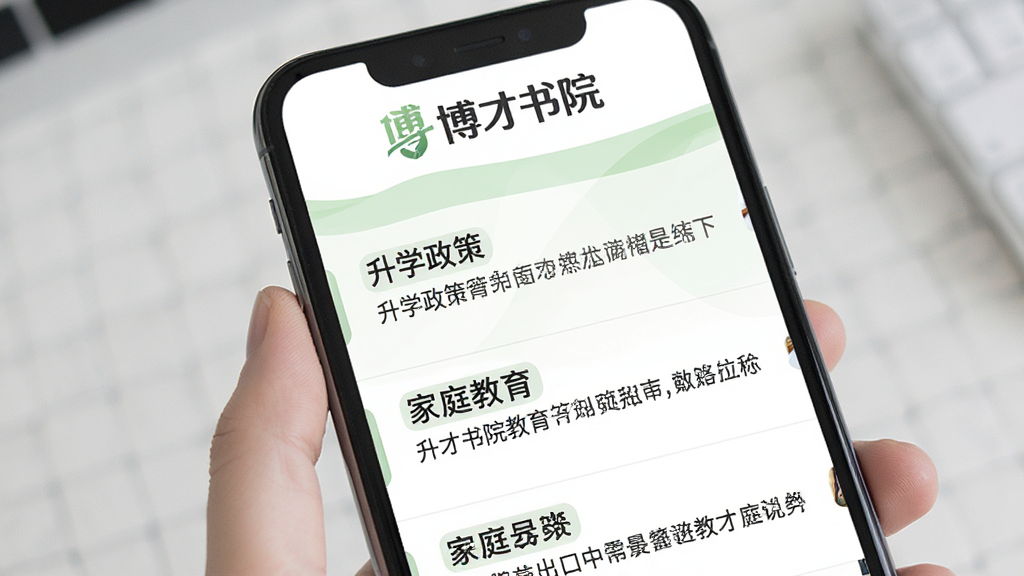 博才书院教育资讯页面展示,手机屏幕内显示新闻列表,标题包含“升学政策”“家庭教育”等字样,页面顶部有“博才书院”Logo,背景是白色与淡绿色搭配,风格清爽,排版规整,细节清晰,画质干净,无多余元素