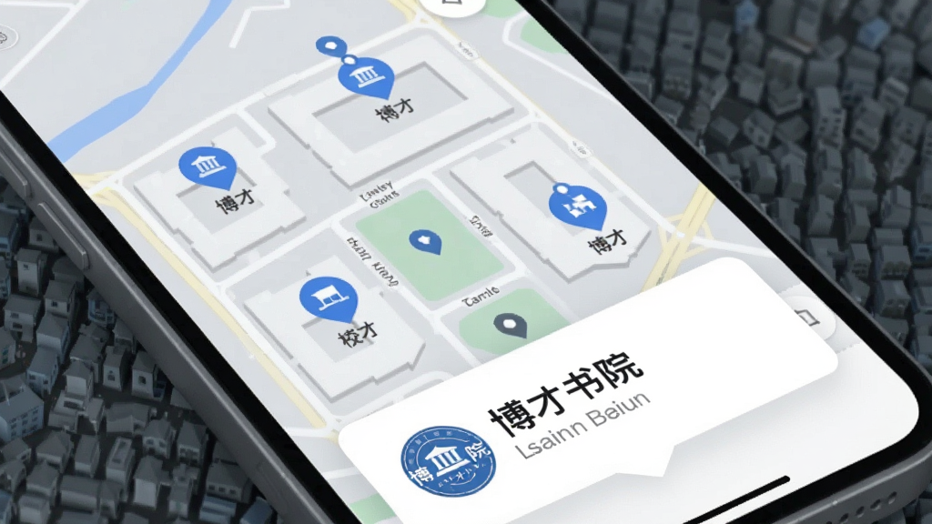 博才书院校区导航功能展示,画面为手机地图界面,地图上标注多个校区位置图标,底部弹出信息卡片显示校区名称与“博才书院”标志,配色为浅灰与蓝色,风格现代简约,布局清晰,细节干净,画质清晰,无多余元素